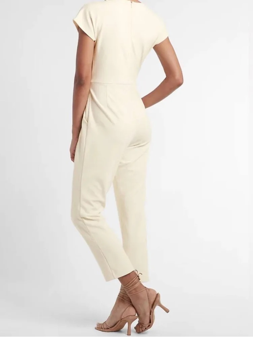 Express V-Neck Tie Waist Straight Leg Jumpsuit with Pockets-White - Picture 2 of 14